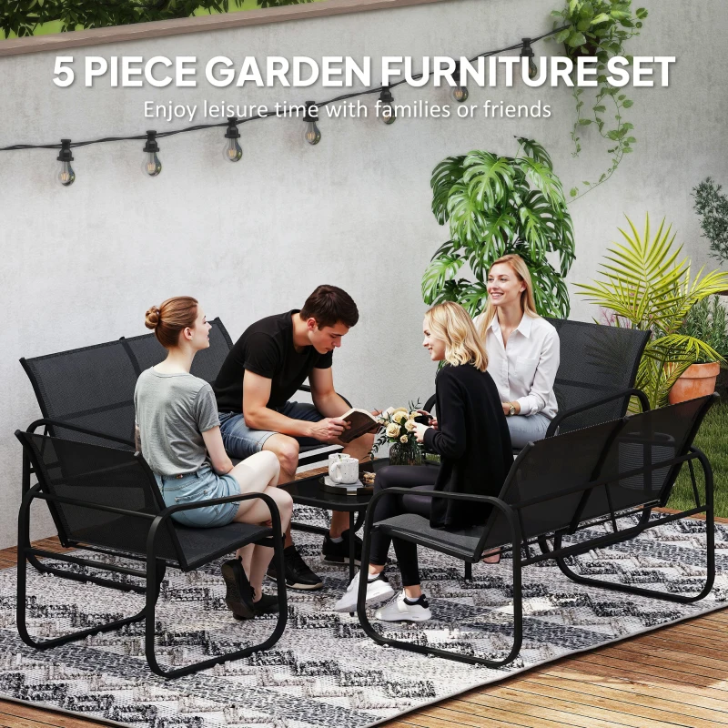 Outsunny 5-Piece Patio Furniture Set, Outdoor Conversation Set with 2 Loveseats, 2 Armchairs, Glass-Top Table, Black