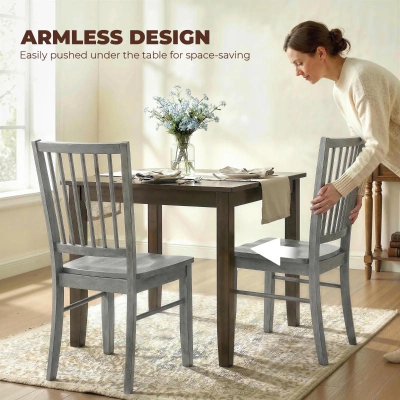 HOMCOM Dining Chairs Set of 2 Ergonomic Solid Wood, Armless Kitchen Chairs with Rubberwood Legs, Rustic Gray