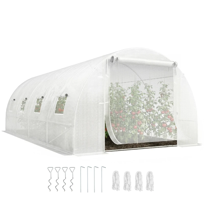 Outsunny Walk-in Tunnel Greenhouse with 2 Support Rods, Mesh Door, Plant Hot House with PE Cover, 20'x10'x7', White