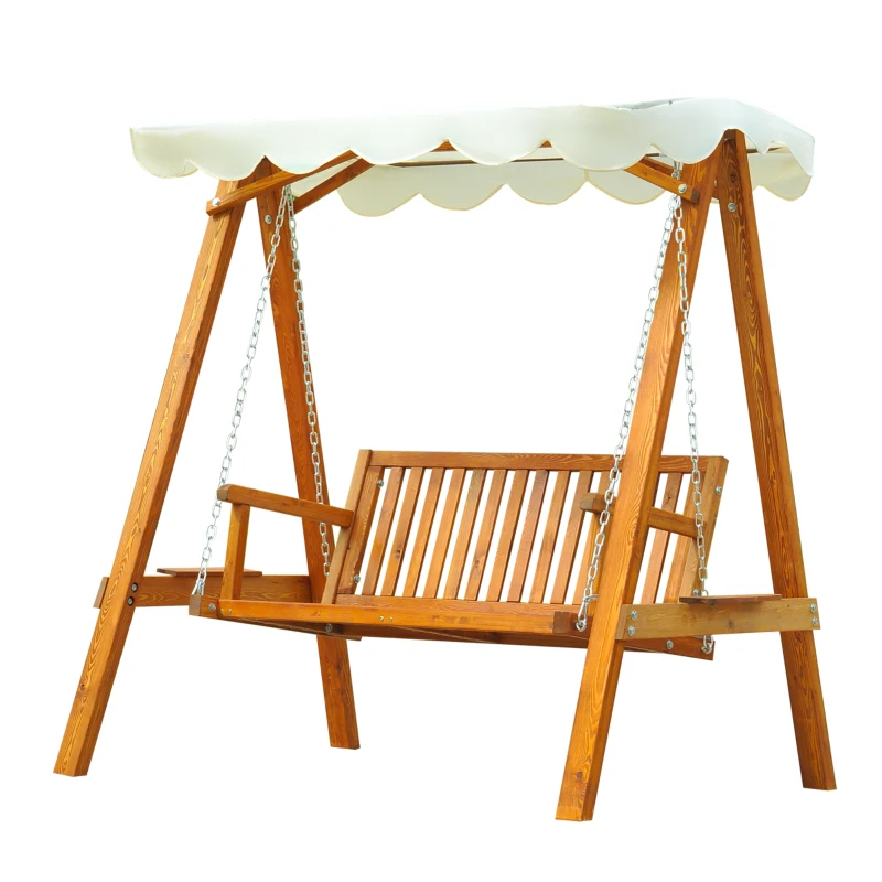 Outsunny 65" Patio Swing Chair with Canopy Outdoor Wooden Swing Bench Hammock for Garden, Poolside, Backyard