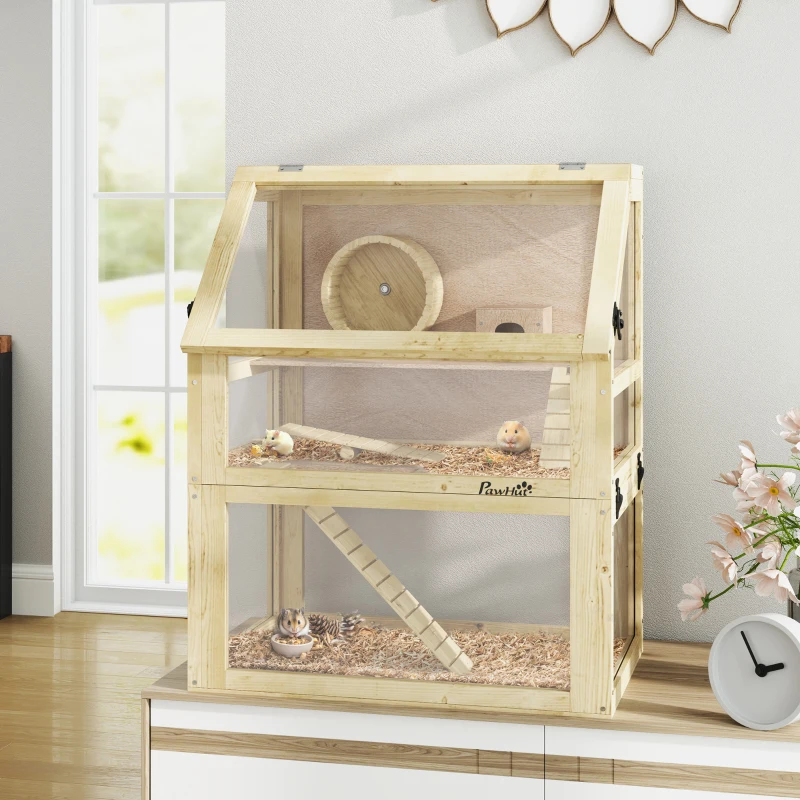 PawHut 3 Tier Wooden Hamster Cage w/ Detachable Bottom, Hut, Seesaw, Exercise Wheel, Ramps, 24" x 16" x 29.5"