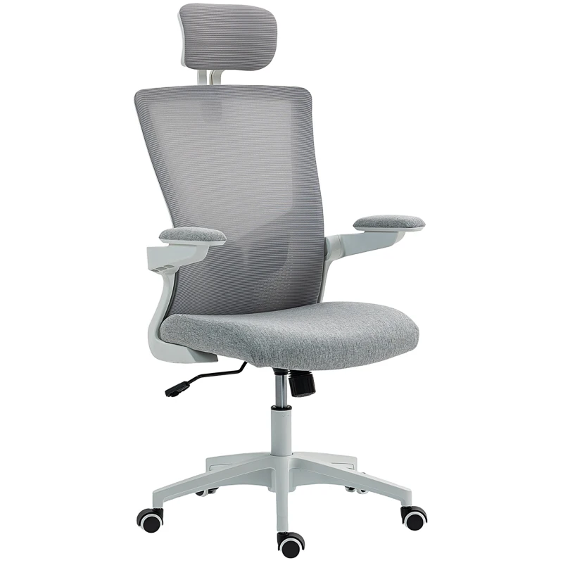 HOMCOM Ergonomic Office Chair, Swivel Desk Chair with Adjustable Lumbar Support, Headrest and Height, Flip-up Armrests, Grey