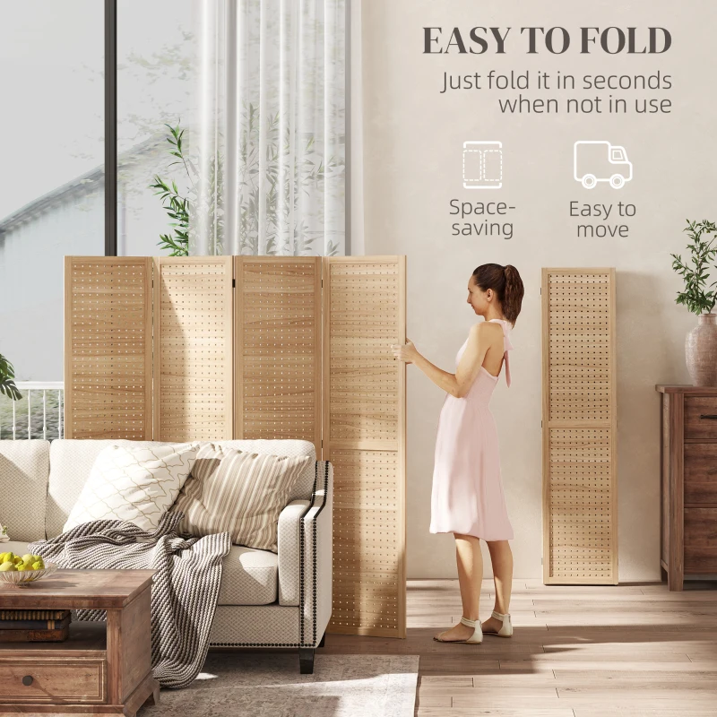 HOMCOM 4 Panel Room Divider w/ Hole Hooks Folding Privacy Screens, Natural