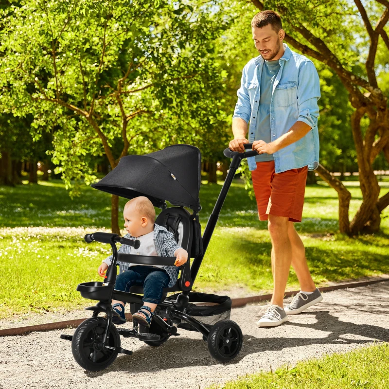 Qaba Kids Tricycle, 4 in 1 Foldable Trike with Reversible Seat, Adjustable Parent Handle, Safety Harness, Wheel Brakes, Removable Canopy, Storage, Tricycle for Toddlers 1-5 Years, Black