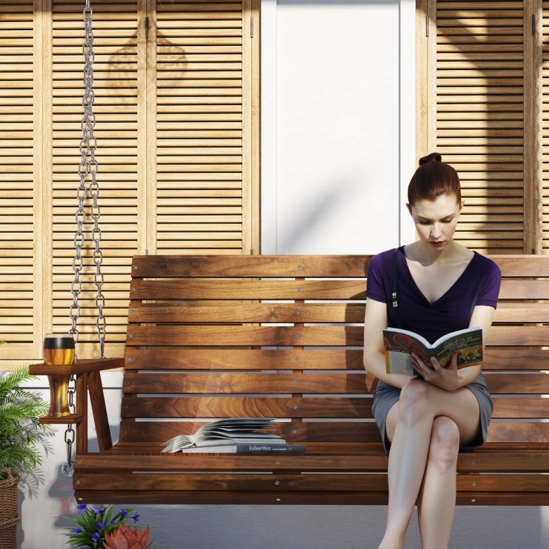 Outsunny 3-Seater Swing Bench, Wooden Porch Swing with Cupholders, Hanging Chains for Patio Garden, Carbonized