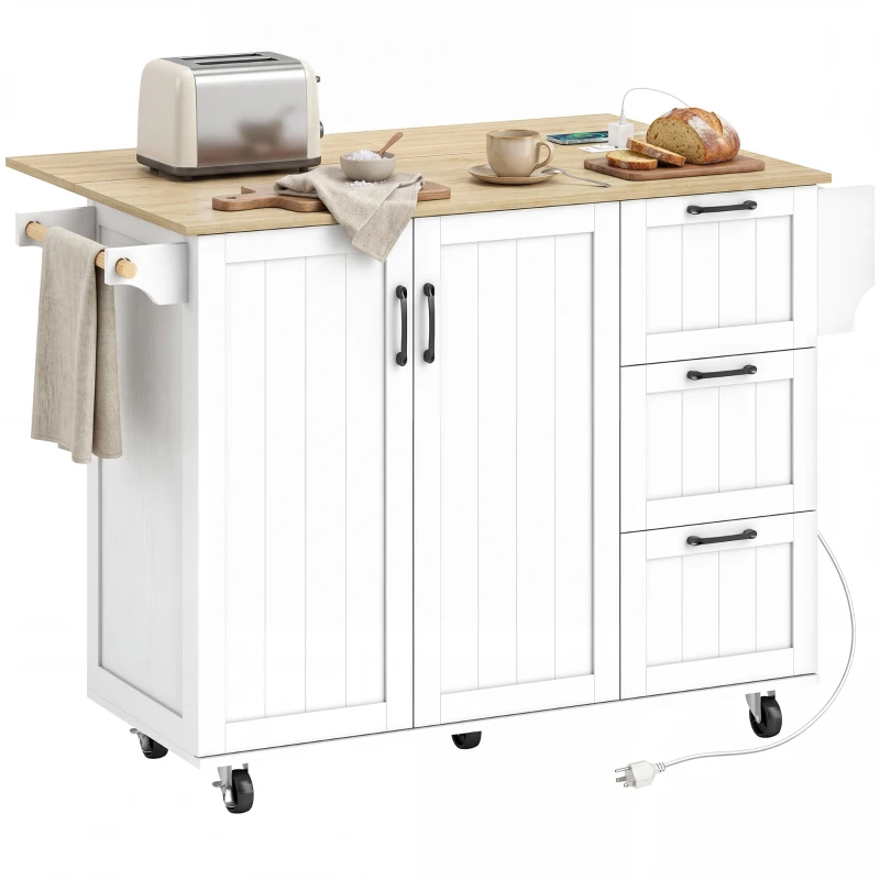 HOMCOM Kitchen Island with Drop Leaf, Rolling Kitchen Cart with Power Outlet, Cabinet, 3 Drawers, Spice Rack, Towel Bar, White