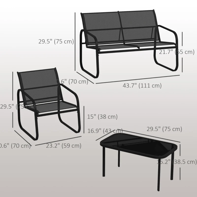 Outsunny 5-Piece Patio Furniture Set, Outdoor Conversation Set with 2 Loveseats, 2 Armchairs, Glass-Top Table, Black