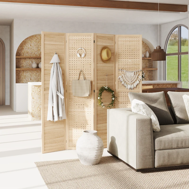 HOMCOM 4 Panel Room Divider w/ Hole Hooks Folding Privacy Screens, Natural