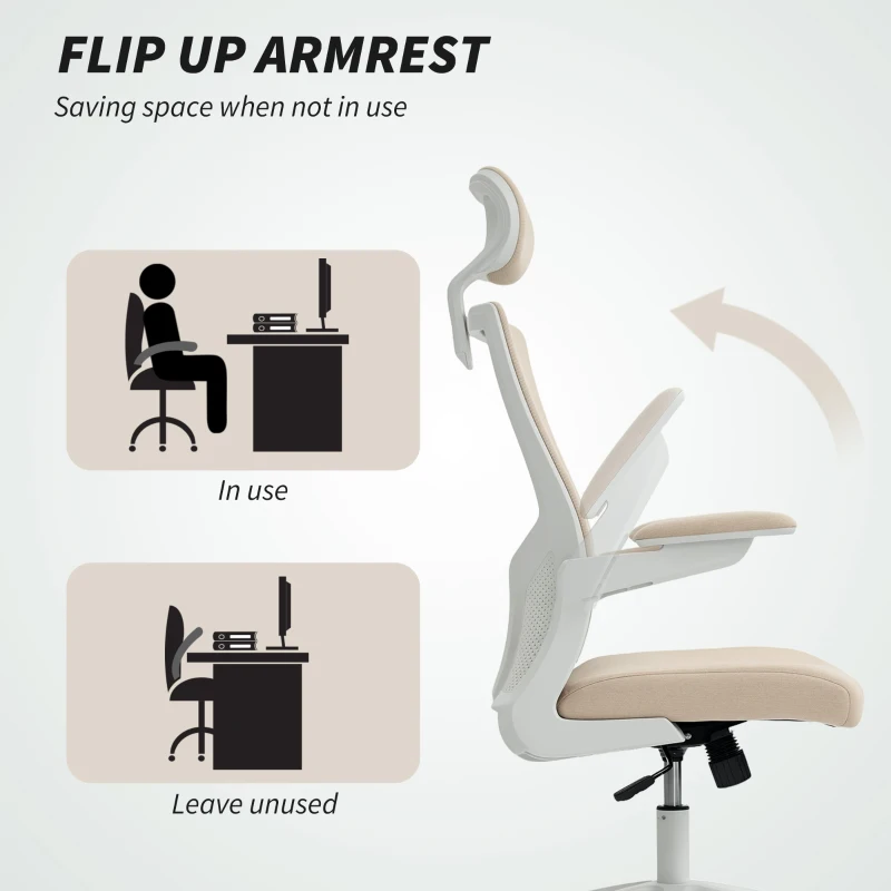 HOMCOM Ergonomic Office Chair, Swivel Desk Chair with Adjustable Lumbar Support, Headrest and Height, Flip-up Armrests, Beige