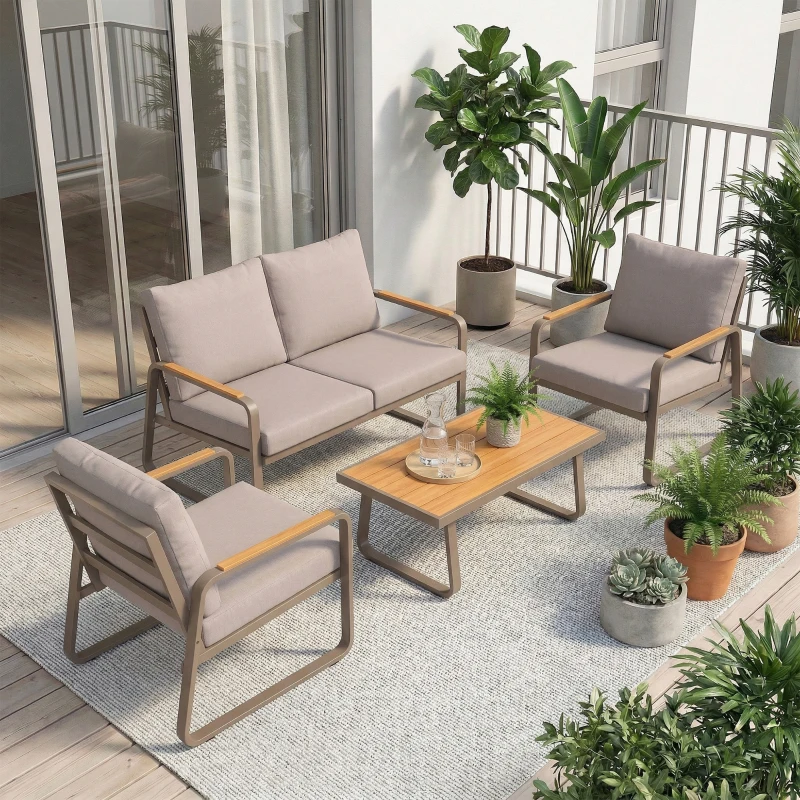 Outsunny 4 Piece Patio Furniture Set, Outdoor Sofa Set with Loveseat, 2 Armchairs, Coffee Table and Cushions