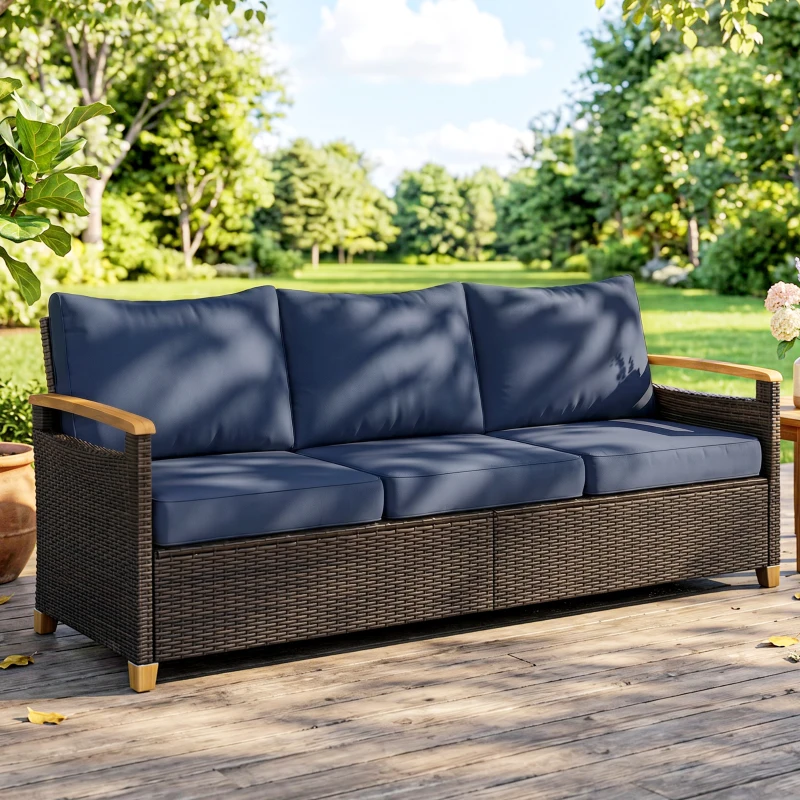 Outsunny 3 Seater Outdoor Couch Sofa, PE Wicker Patio Sofa, Wide Deep Seat, 4" Cushions, Wood-Effect Armrests Legs, Dark Blue
