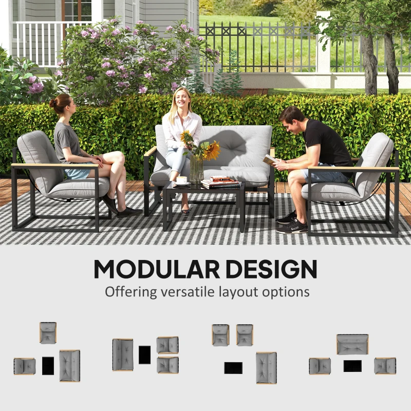 Outsunny 4 Piece Patio Furniture Set, Outdoor Loveseat Sofa Set with Thick Cushions and Coffee Table, Light Grey