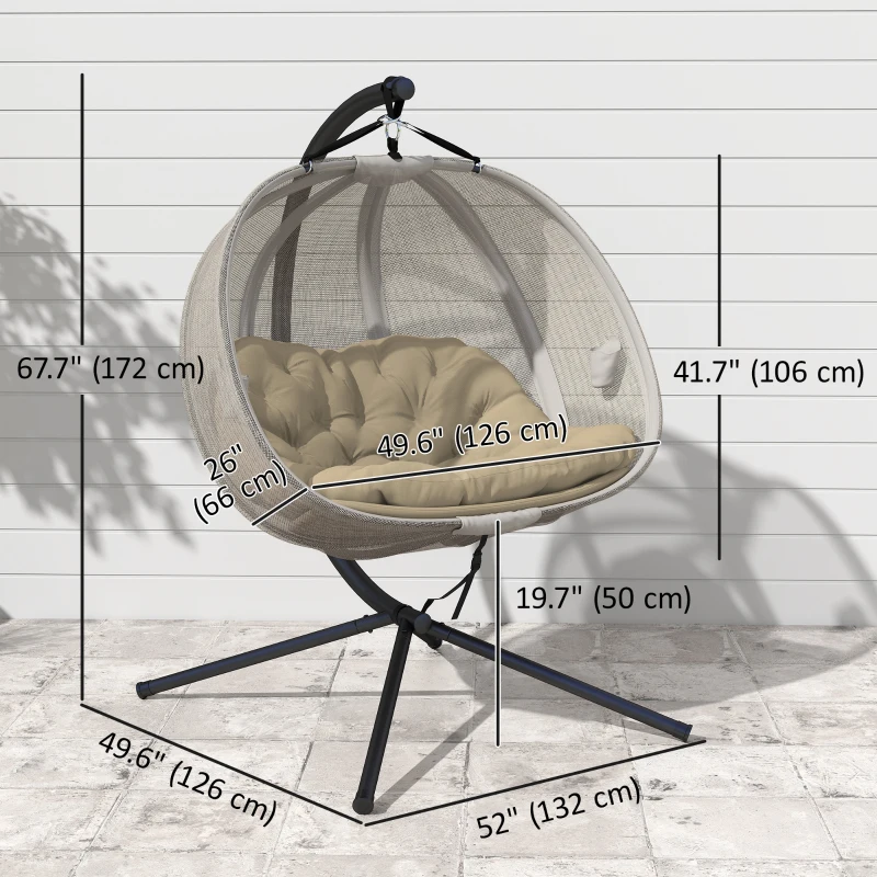 Outsunny Double Egg Chair with Stand, 2 Person Hanging Swing Egg Chair with Cushion, Pockets, Khaki