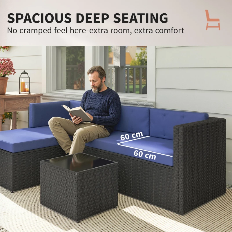 Outsunny 3 Piece Patio Furniture Set, Wicker Outdoor Patio Conversation Furniture Set with Cushions, Glass Top Table, Navy Blue