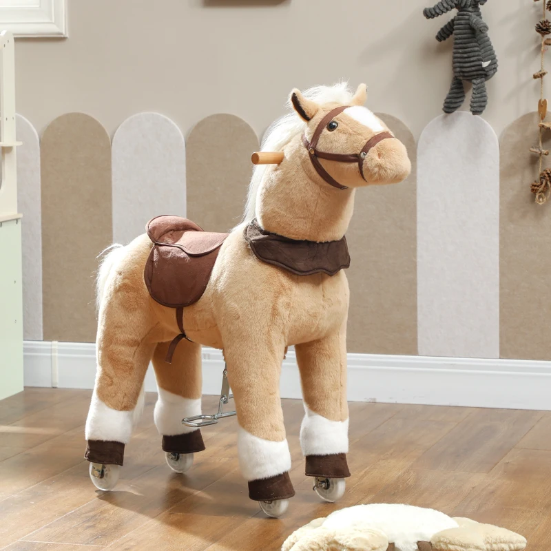 Qaba Ride on Horse, Plush Riding Pony for Ages 3-5, Walking Horse Animal with Wheels for Active Play, Brown