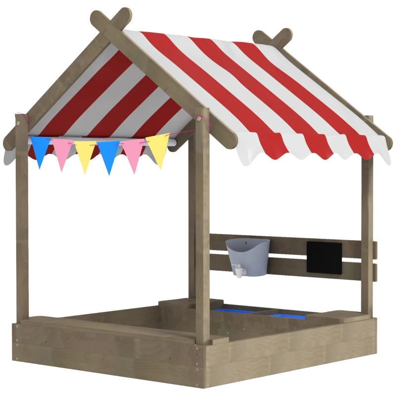 Outsunny Outdoor Wooden Sandbox with Cover for 3-7 Years Old, Backyard, Grey