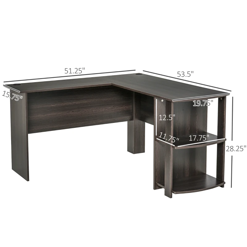 HOMCOM L-Shaped Computer Desk, Laptop Workstation with Return and 2 Storage Shelves for Home Office, Dark Brown