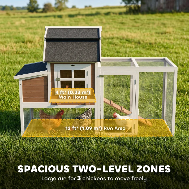 PawHut 71" Chicken Coop for 3 Chickens, Wooden Hen House with Run, Removable Tray, Nesting Box, Waterproof Asphalt Roof