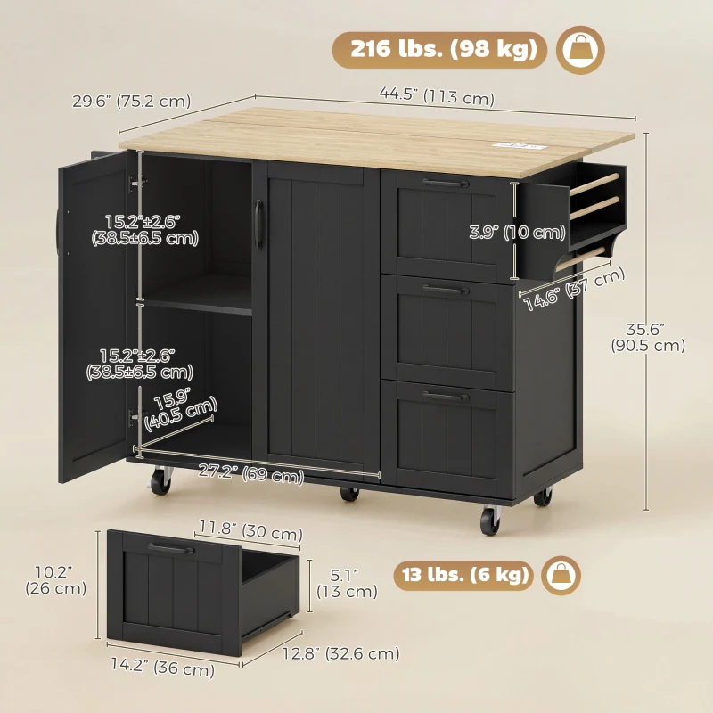 HOMCOM Kitchen Island with Drop Leaf, Rolling Kitchen Cart with Power Outlet, Cabinet, 3 Drawers, Spice Rack, Towel Bar, Black