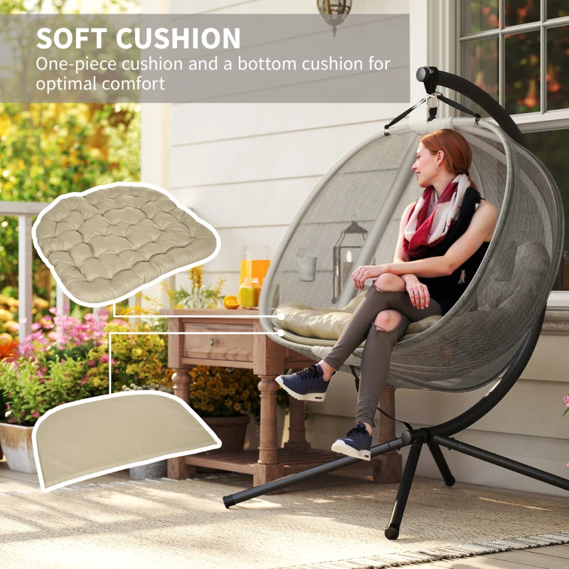 Outsunny Double Egg Chair with Stand, 2 Person Hanging Swing Egg Chair with Cushion, Pockets, Khaki