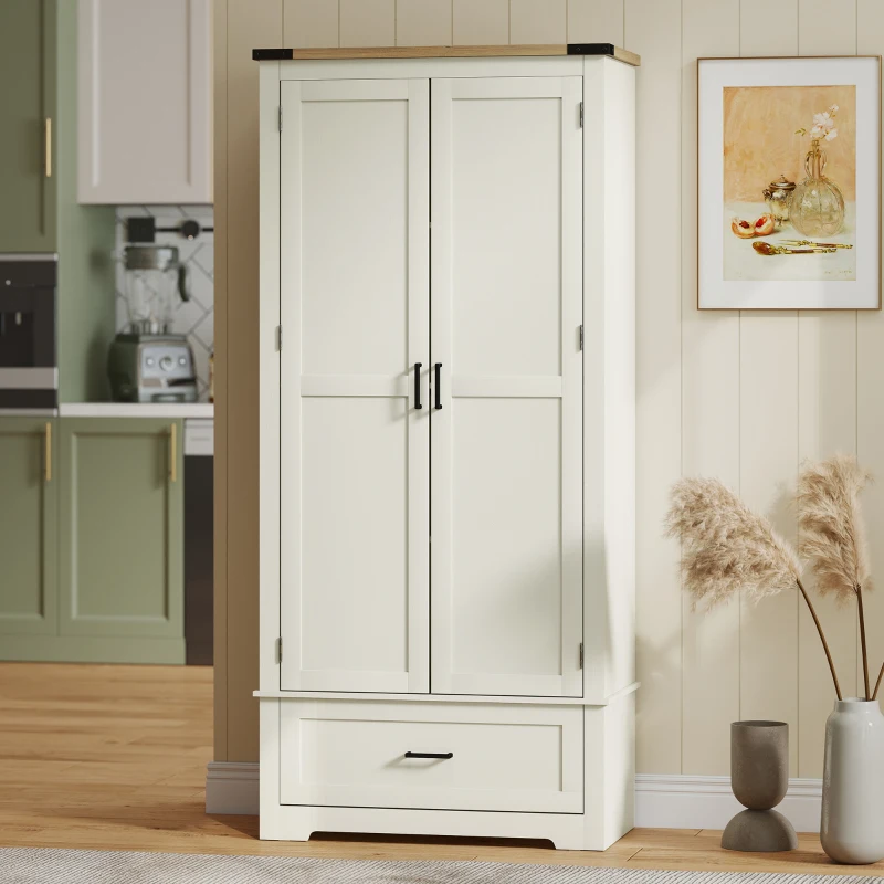HOMCOM 69" Tall Farmhouse Kitchen Pantry Cabinet with 2 Doors, Drawer and Adjustable Shelves, Cream White