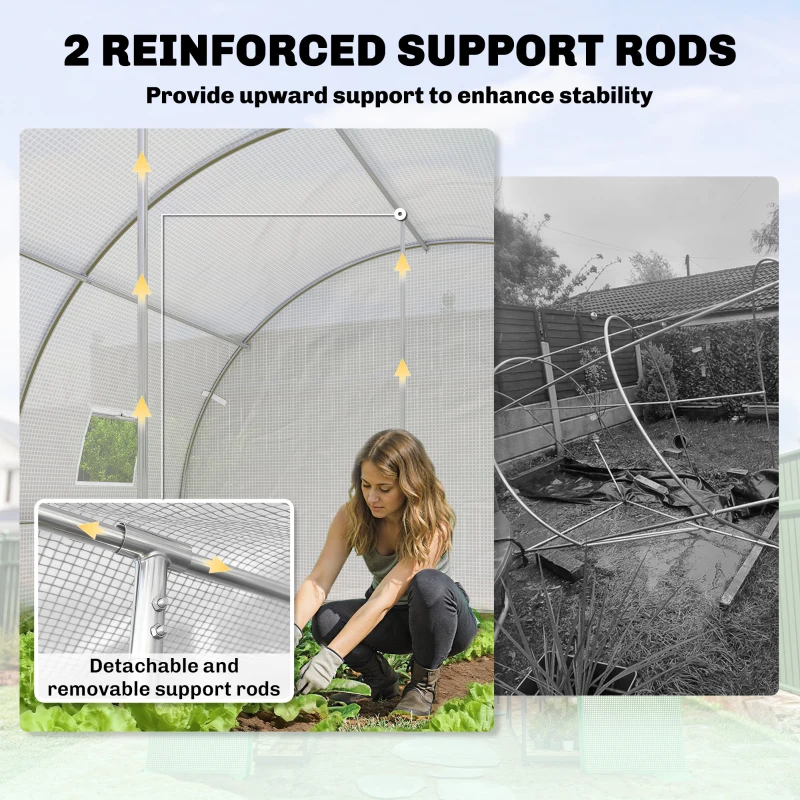 Outsunny Walk-in Tunnel Greenhouse with 2 Support Rods, Mesh Door, Plant Hot House with PE Cover, 20'x10'x7', White