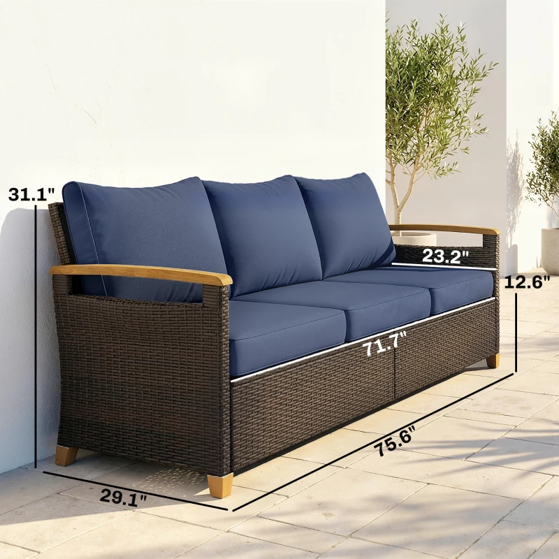Outsunny 3 Seater Outdoor Couch Sofa, PE Wicker Patio Sofa, Wide Deep Seat, 4" Cushions, Wood-Effect Armrests Legs, Dark Blue