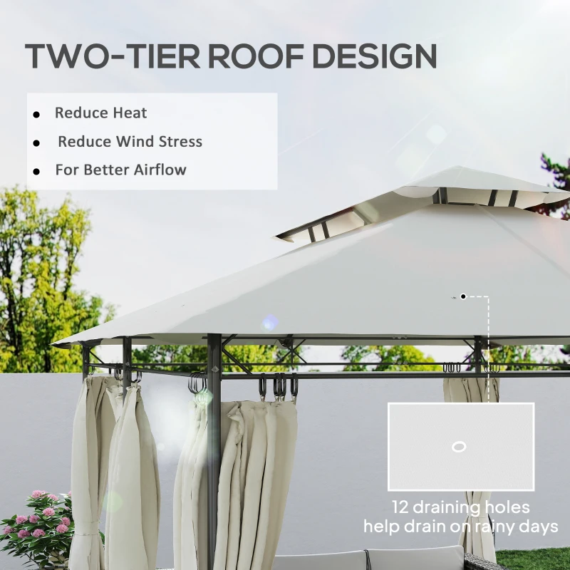 Outsunny 10' x 13' Double Roof Patio Gazebo, Outdoor Gazebo with Curtains, for Garden, Lawn, Backyard and Deck, Cream White