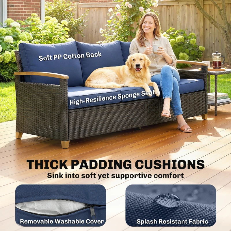 Outsunny 3 Seater Outdoor Couch Sofa, PE Wicker Patio Sofa, Wide Deep Seat, 4" Cushions, Wood-Effect Armrests Legs, Dark Blue