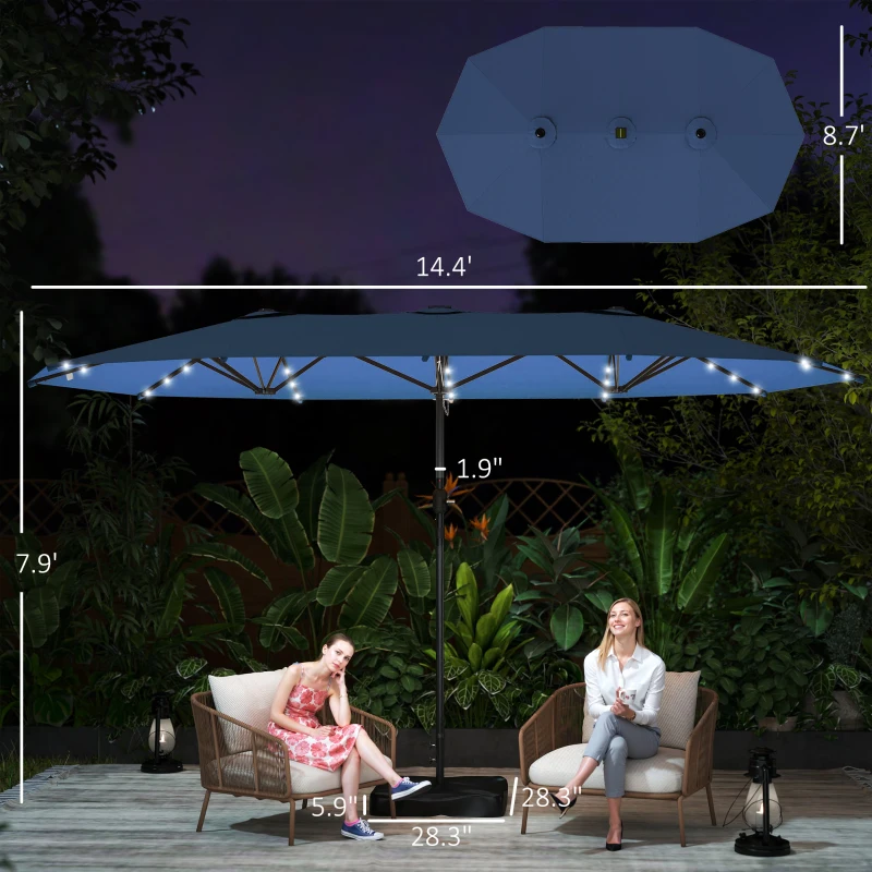 Outsunny Garden Parasol 14.4ft Double-Sided Sun Umbrella with Base, Patio Parasol with LED Solar Lights, Navy Blue