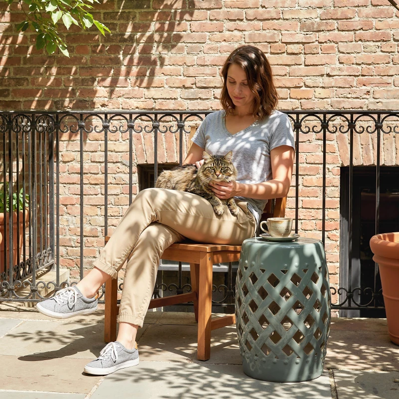 Outsunny 13" x 18" Ceramic Garden Stool with Woven Lattice Design & Glazed Strong Materials Decorative Outdoor Stool, Green