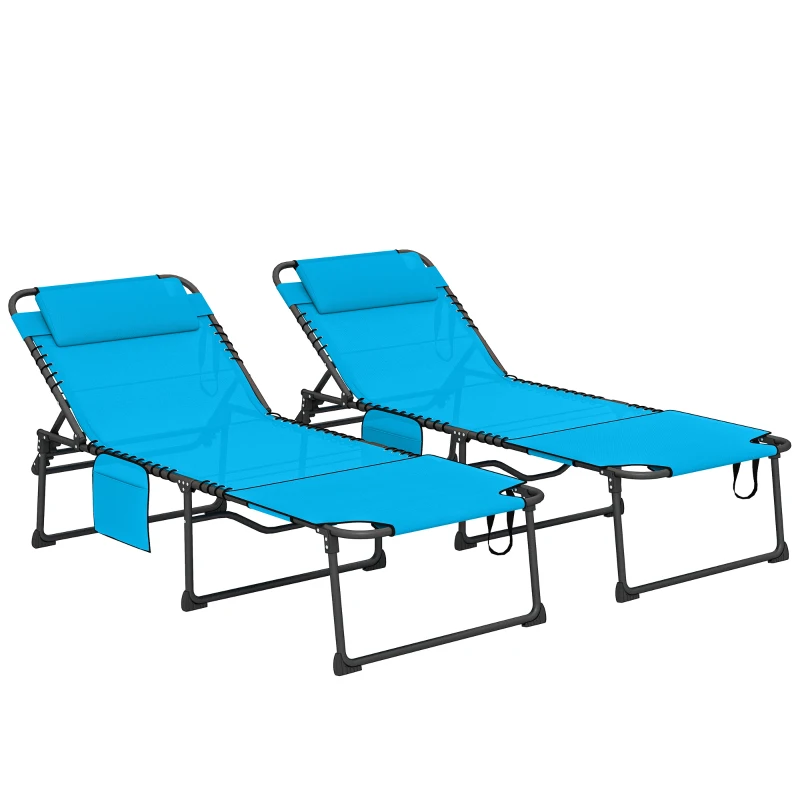 Outsunny 2 Piece Folding Chaise Lounge Pool Chairs with 5-level Reclining Back, Reading Hole, Side Pocket, Blue