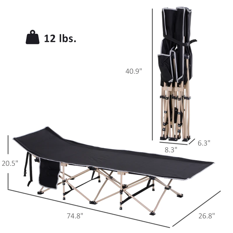 Outsunny Folding Camping Cots for Adults with Carry Bag, Side Pocket, Outdoor Portable Sleeping Bed, 330 lbs. Capacity, Black