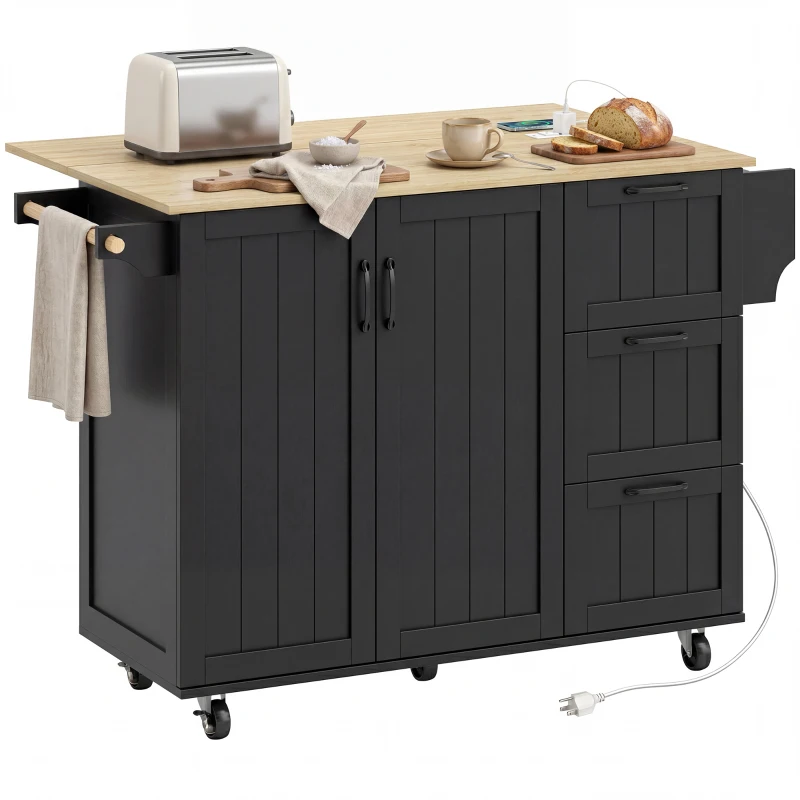 HOMCOM Kitchen Island with Drop Leaf, Rolling Kitchen Cart with Power Outlet, Cabinet, 3 Drawers, Spice Rack, Towel Bar, Black