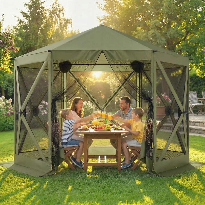 Outsunny 10 x 11 ft Pop Up Gazebo Screen Tent, Portable Instant Camping Canopy Screen House with Nettings, Carry Bag, Dark Green
