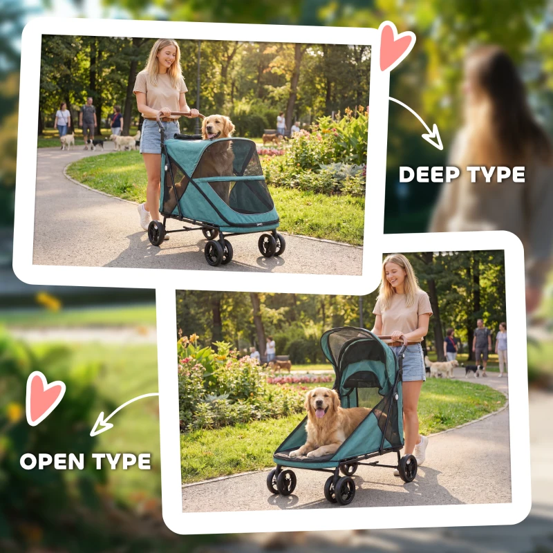 PawHut Dog Stroller Easy Fold Pet Stroller for Large Dogs Up to 66lbs with 4-Wheel Shock Absorption & One-Foot Brake Turquoise