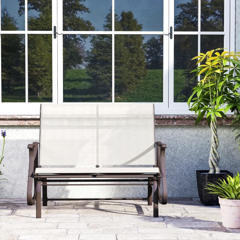 Outsunny 2-Person Outdoor Glider Bench, Patio Glider Loveseat Chair with Powder Coated Steel Frame, 2 Seats Porch Rocking Glider for Backyard, Lawn and Garden, Cream White