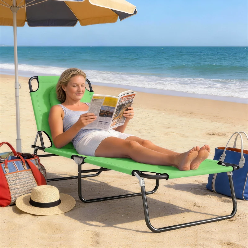 Outsunny Folding Chaise Lounge Chair, Reclining Beach Tanning Chair with Face Hole, Pillow, 4-Position Adjustable Lay Flat Sun Lounger, Steel Frame for Outdoor Patio Pool, Green