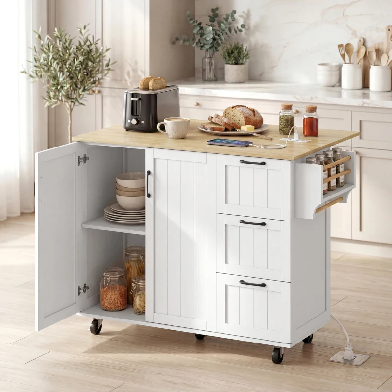 HOMCOM Kitchen Island with Drop Leaf, Rolling Kitchen Cart with Power Outlet, Cabinet, 3 Drawers, Spice Rack, Towel Bar, White