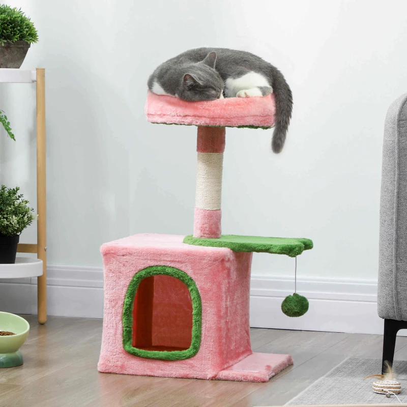 PawHut 28" Cat Tree Tower with Plush Top Bed, Cozy Condo, Sisal Scratching Post, Perch, Dangling Ball, Pink & Green