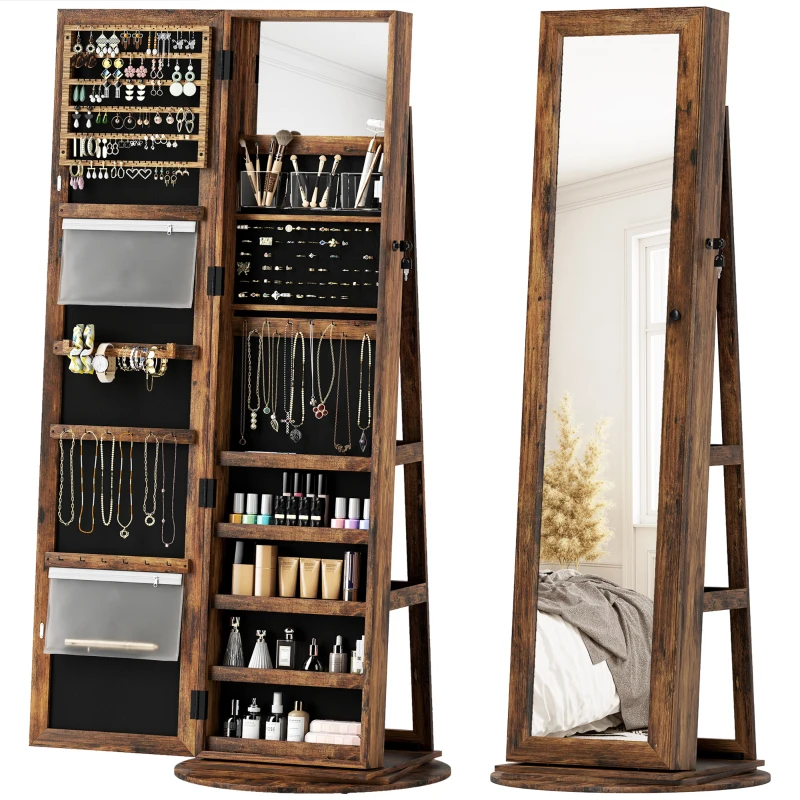 HOMCOM 360° Swivel Jewelry Armoire, Lockable Jewelry Cabinet with Full-Length Mirror, Storage Shelves, Rustic Brown