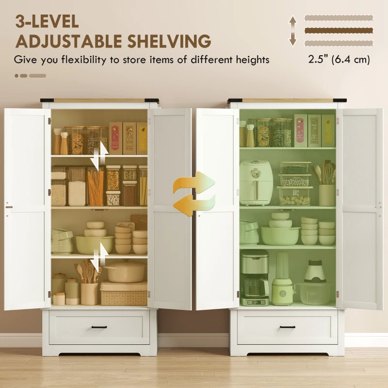 HOMCOM 69" Tall Farmhouse Kitchen Pantry Cabinet with 2 Doors, Drawer and Adjustable Shelves, Cream White