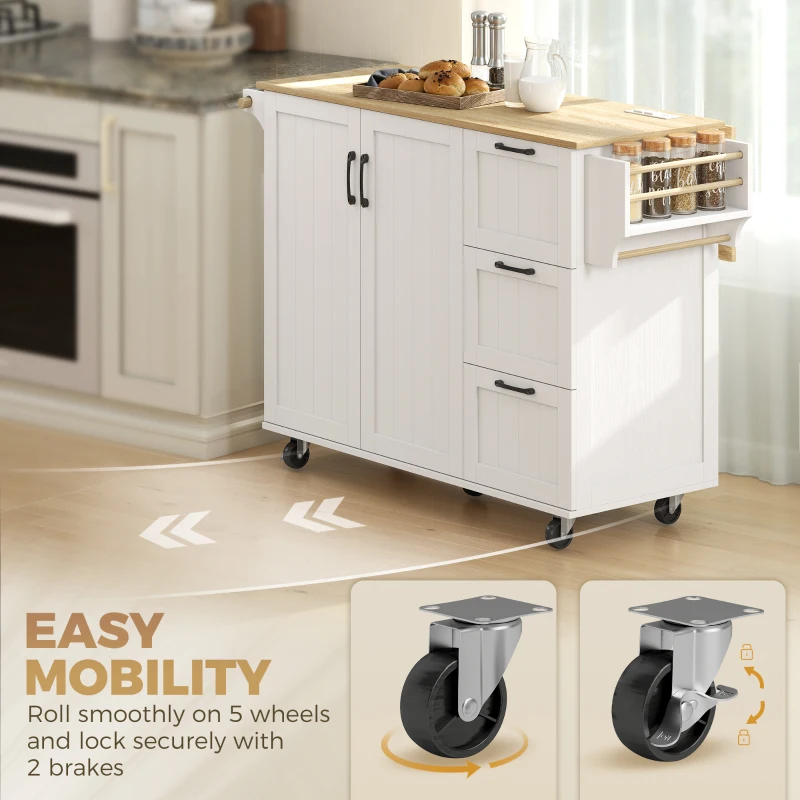 HOMCOM Kitchen Island with Drop Leaf, Rolling Kitchen Cart with Power Outlet, Cabinet, 3 Drawers, Spice Rack, Towel Bar, White
