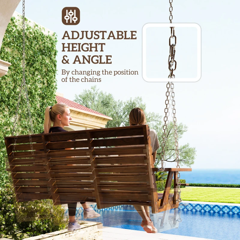 Outsunny 3-Seater Swing Bench, Wooden Porch Swing with Cupholders, Hanging Chains for Patio Garden, Carbonized