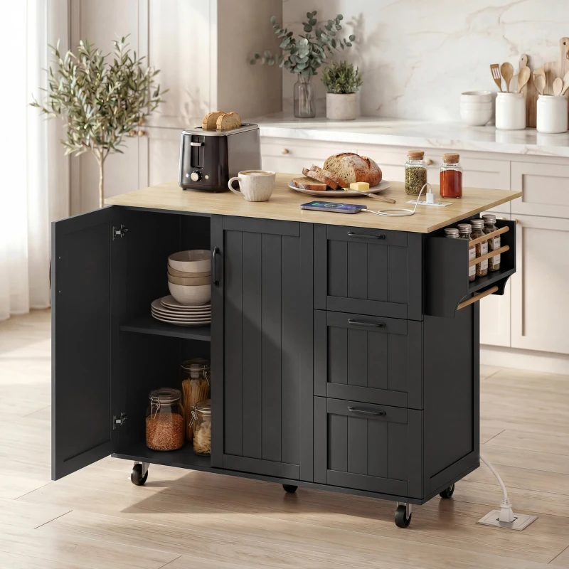 HOMCOM Kitchen Island with Drop Leaf, Rolling Kitchen Cart with Power Outlet, Cabinet, 3 Drawers, Spice Rack, Towel Bar, Black