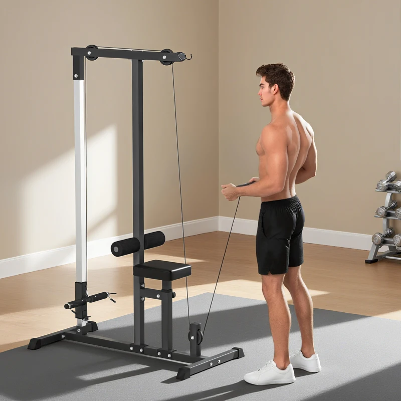 Soozier Multi-Function Power Tower, Lat Pull Down Machine Arm & Back Workout Equipment with Adjustable Pull Rod, Cable Machine Home Fitness Equipment for Women and Men
