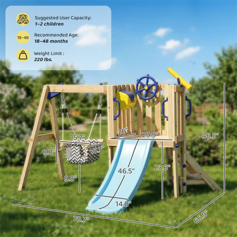 Outsunny Swing Set for Backyard, Wooden Toddler Outdoor Playset with Baby Swing Seat, Kids Slide, Fort, Playground Equipment with Captain's Wheel, Telescope for Ages 1.5-4, Natural
