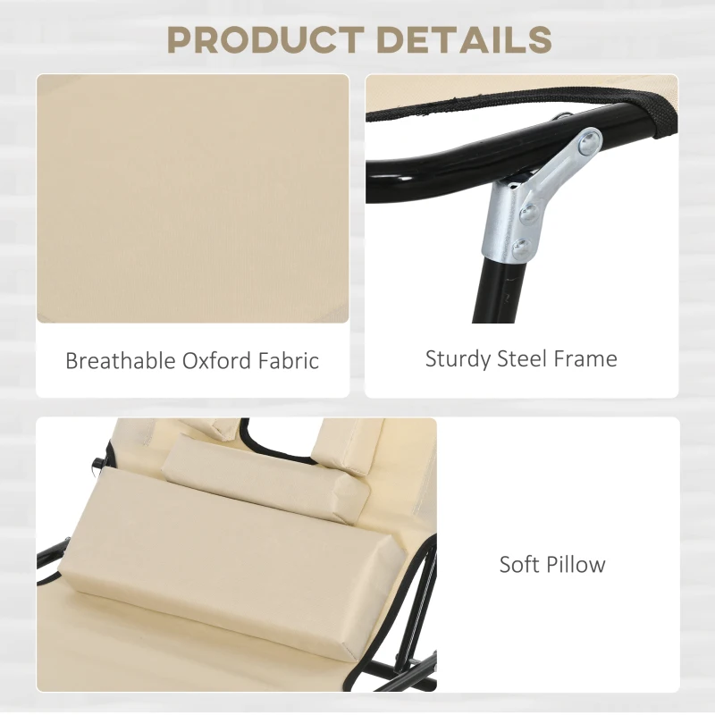 Outsunny Folding Lounge Chair Set of 2, Reclining Beach Tanning Chair with Face Hole, Pillow, 4-Position Adjustable Flat Sun Lounger, Steel Frame for Outdoor Patio Pool, Beige