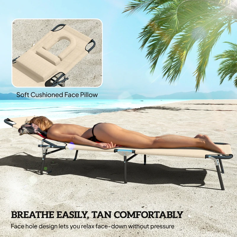 Outsunny Folding Lounge Chair Set of 2, Reclining Beach Tanning Chair with Face Hole, Pillow, 4-Position Adjustable Flat Sun Lounger, Steel Frame for Outdoor Patio Pool, Beige