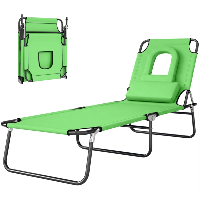 Outsunny Folding Chaise Lounge Chair, Reclining Beach Tanning Chair with Face Hole, Pillow, 4-Position Adjustable Lay Flat Sun Lounger, Steel Frame for Outdoor Patio Pool, Green
